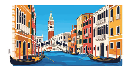 A vibrant colorful illustration depicts venetian architecture gondolas and a canal showcasing a beautiful cityscape silhouette high quality professional detailed modern © mrvect02