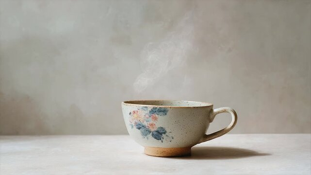 A floral-decorated ceramic mug with steam rising against a neutral backdrop