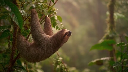 Fototapeta premium A Side Shot of a Sloth Hanging Upside Down From a Branch in a Lush Forest Environment