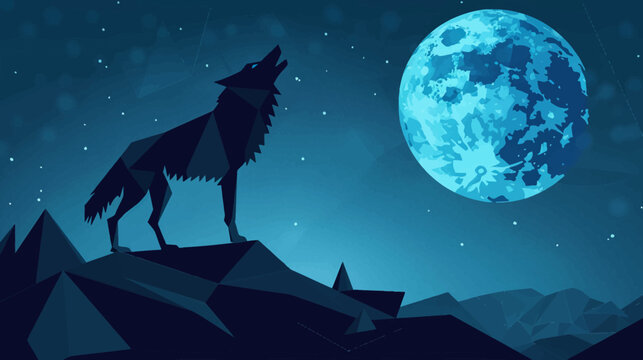 Geometric wolf howling at a glowing full moon in a starry night scene