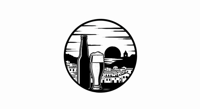 A bottle and glass of beer sit before a coastal town at sunset