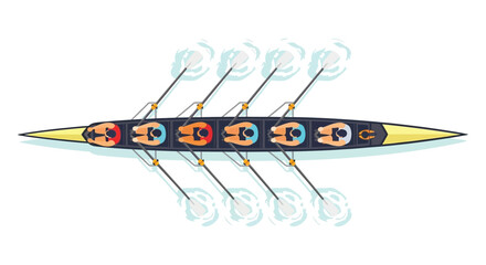 An overhead view depicts a rowing team of eight in a long slender boat with steam rising silhouette high quality professional © mrvect02