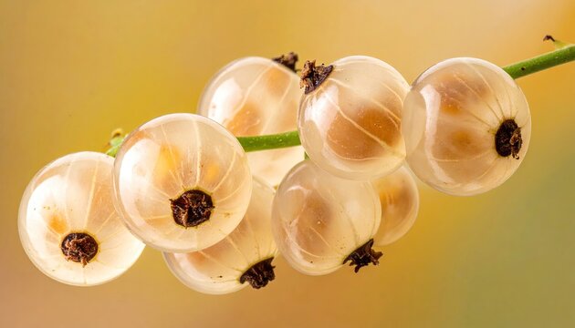 Cluster of translucent white currant berries on branch in studio shot; detail of fresh ripe fruit with visible seeds against bright backdrop