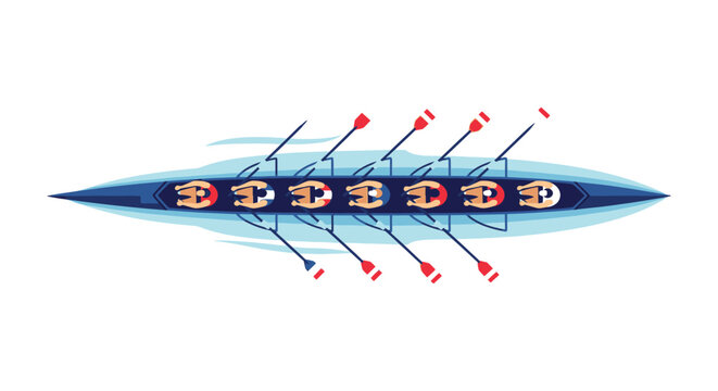 An overhead view depicts an eight person rowing crew in a long sleek boat showcasing a striking silhouette high quality professional detailed