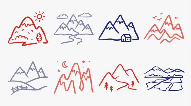Collection of hand-drawn vector landscape icons, depicting various mountain ranges, sun, moon, clouds, and trees in a charming doodle art style