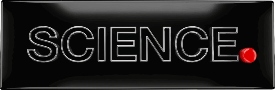 3D metallic text "SCIENCE" on a glossy black background with a red dot