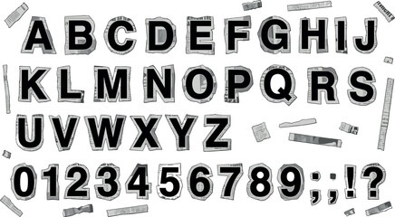 Grunge Newspaper Alphabet Letters and Numbers Set with Black Cutout Typography Style © Sariful