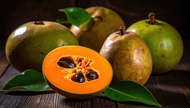 Ripe canistel fruit on wooden table featuring cross section with seeds green leaves tropical nature food concept