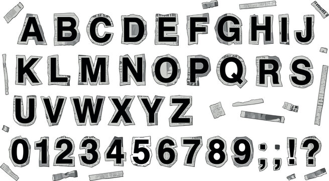 Grunge Newspaper Alphabet Letters and Numbers Set with Black Cutout Typography Style