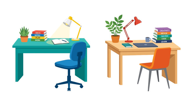 Two colorful workspaces with desks chairs and study materials