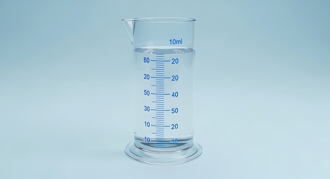 A clear glass laboratory measuring cylinder with blue markings on a light blue background  laboratory equipment for measuring liquids