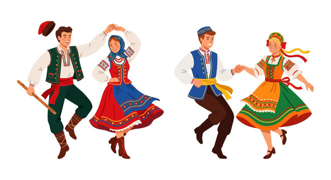 Four people in traditional eastern european folk costumes dancing cheerfully