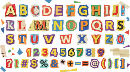 Ransom Style Alphabet Letters and Numbers Set with Colorful Cutout Typography Elements