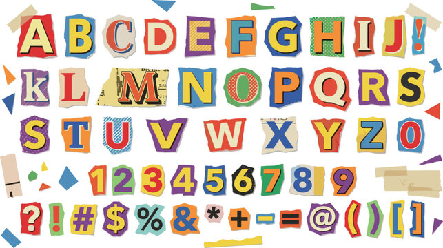 Ransom Style Alphabet Letters and Numbers Set with Colorful Cutout Typography Elements