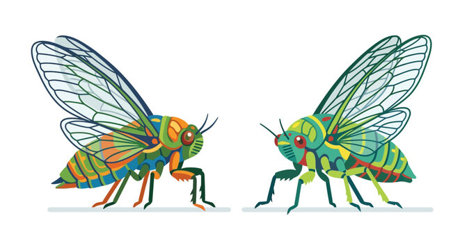 Two vibrantly colored cicadas facing each other on a white background