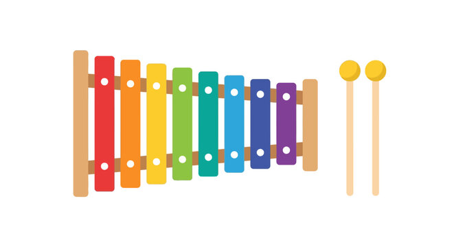 Colorful xylophone with wooden frame and two yellow striking mallets