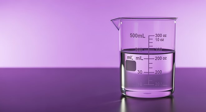 A glass beaker with measurement markings filled with clear liquid on a purple surface and background  laboratory equipment