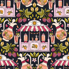 Cotton fabric Seamless pattern with hand drawn pink lemonade stand raspberry fruit branches and refreshing drinks on dark background for summer textile and wallpaper