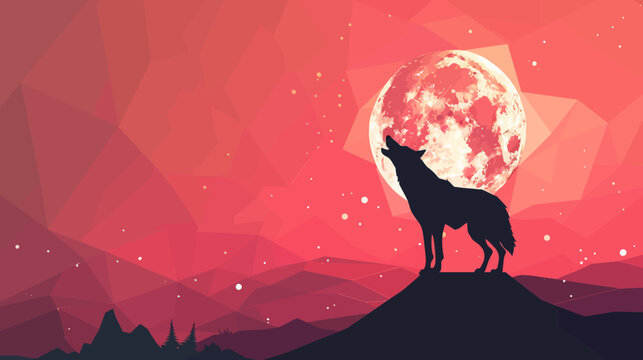 Silhouette of a howling wolf against a vibrant red moon and starry sky