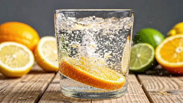 A refreshing glass of sparkling water with an orange slice splashing into it, surrounded by various citrus fruits on a rustic wooden table.
