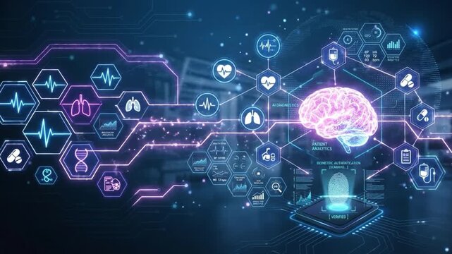 Artificial intelligence medical technology featuring brain biometric authentication patient analytics and health data visualization futuristic digital interface for advanced medical technology