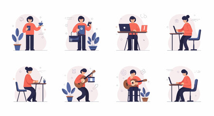 Naklejka premium Diverse activities including working, coffee, and playing guitar