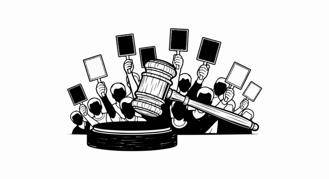 Gavel on base with raised signs by a crowd of people