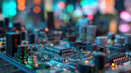 Obraz premium Electronic components motherboard design concept connectivity and efficiency selective focus digital world theme vibrant Overlay server room.