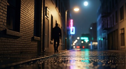 Obraz premium Nighttime City Street Scene with a Silhouetted Figure.