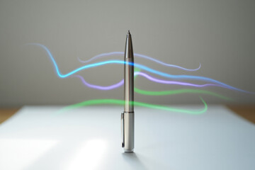 Fototapeta premium Silver pen standing upright with colorful light streaks in blue green and purple flowing around