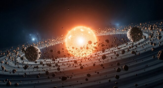 A cosmic spectacle of celestial bodies and a glowing stellar explosion in space. astroid belt