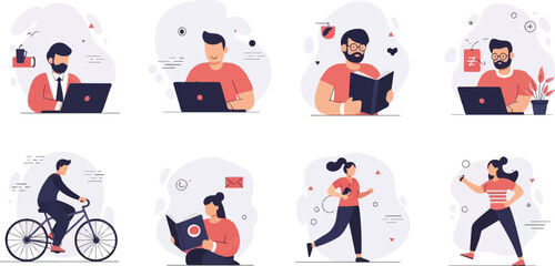 Fototapeta premium Diverse people engaged in various activities work, reading, cycling, and exercise