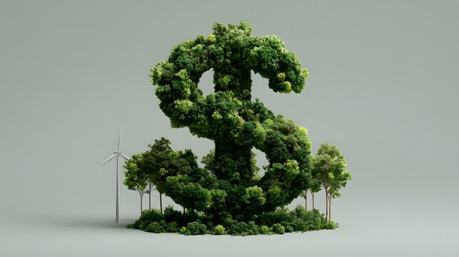 A large dollar sign made of green trees and foliage with a wind turbine in the background