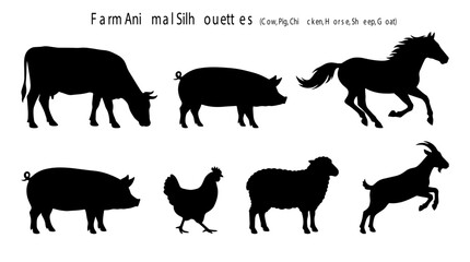 Fototapeta premium Farm Animal Silhouette Cow, Pig, Chicken, Horse, Sheep, Goat 