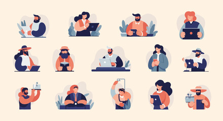 Fototapeta premium Stylized diverse people engaged with digital devices and objects