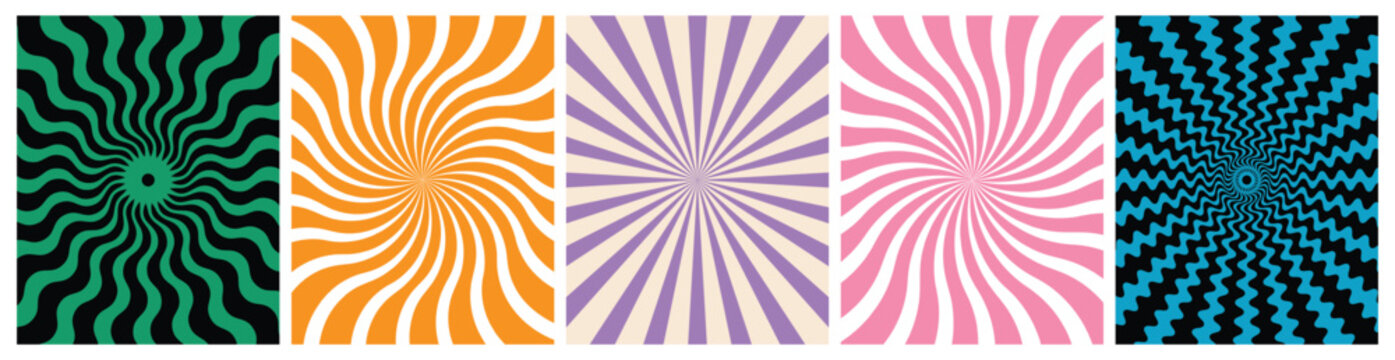 Groovy psychedelic swirl design and radial burst pattern collection set with retro hypnotic wavy and zigzag geometric background vector