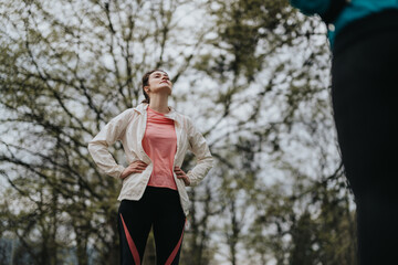 Fototapeta premium A fit woman wearing a pink shirt and light jacket stands outdoors with hands on hips, looking upward. Another person is partially visible in the foreground, suggesting a fitness or training scene.