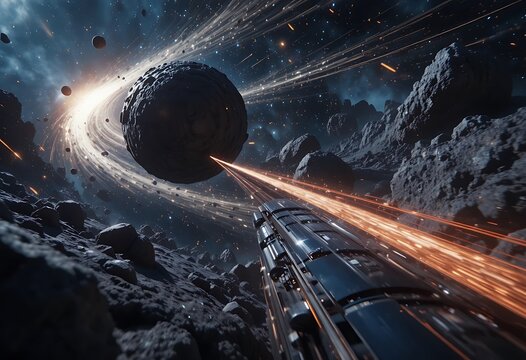 A futuristic spacecraft navigating through a cosmic nebula tunnel. astroid belt