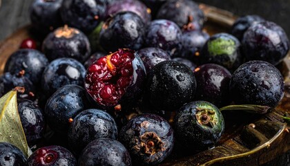 Freshly harvested aronia berries on a wooden surface showing their dark purple color showcasing antioxidant-rich superfood for healthy eating