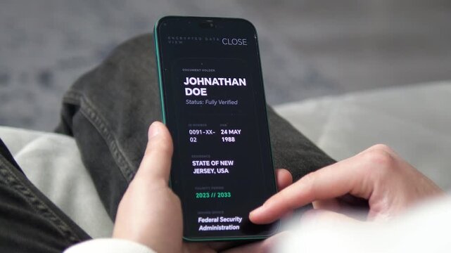 A user views a secure digital ID on a smartphone. Featuring Fully Verified status and encrypted personal data. Ideal for government tech, digital wallet apps, and paperless identification promos. High