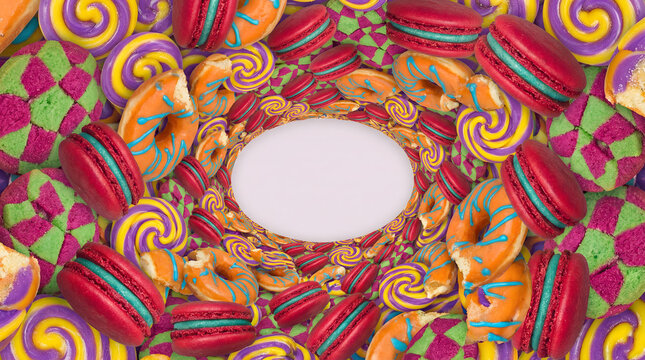 Colorful candy and sweets circular frame background, vibrant dessert pattern with copy space for banner, poster and web template