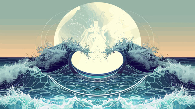 Abstract wave illustration with large moon and figurative elements