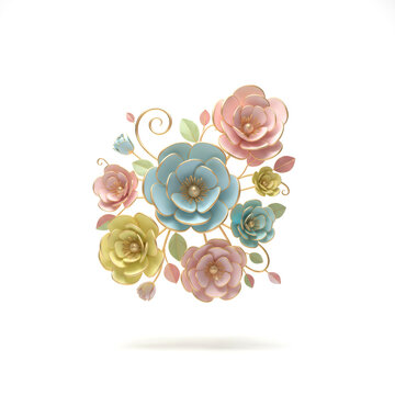 3D bouquet of flowers ceramic texture decor with gold bolder