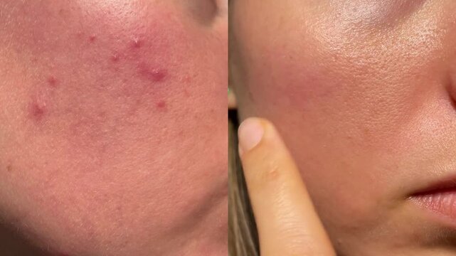 Close up comparison of acne affected facial skin and improved clear complexion after skincare treatment. Concept of dermatology, cosmetic care and skin improvement.