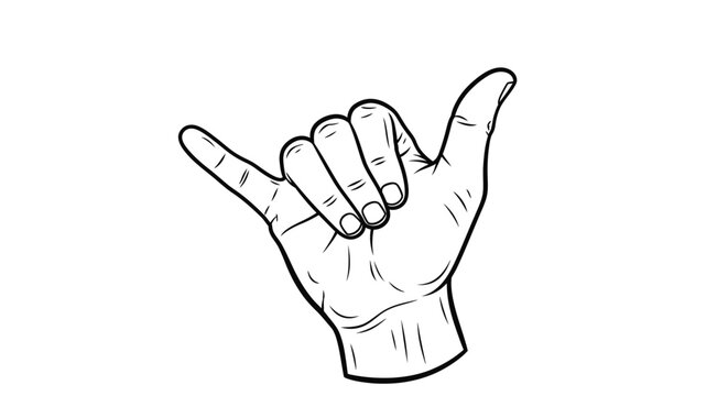 Detailed black and white line drawing of a human hand making the shaka sign, with thumb and pinky extended, fingers curled.