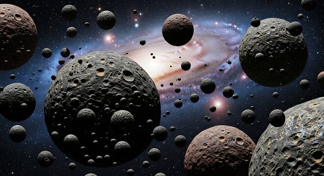 Cosmic asteroid field with celestial bodies floating in space. astroid belt 