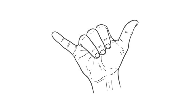Line art drawing of a human hand making the shaka or hang loose gesture, with thumb and pinky extended and middle fingers curled.
