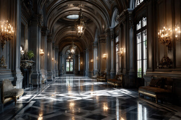 Fototapeta premium Opulent palace hallway with marble floor and chandeliers