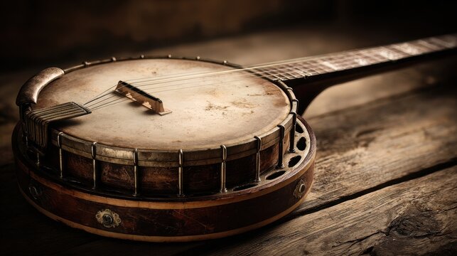 Close-up of a textured, worn banjo neck with finger placement marks on a rustic wooden surface