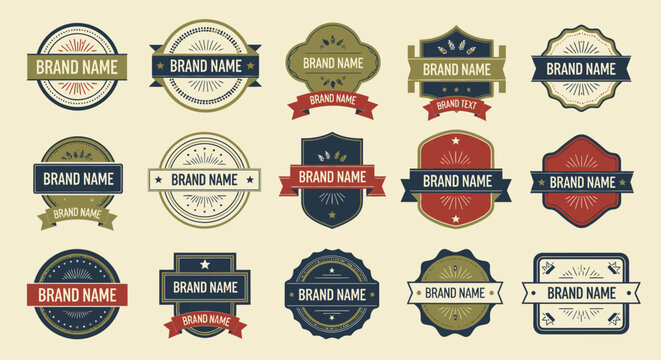A collection of vintage-style brand name badges and labels with various shapes, borders, and ribbons, featuring a classic design aesthetic.